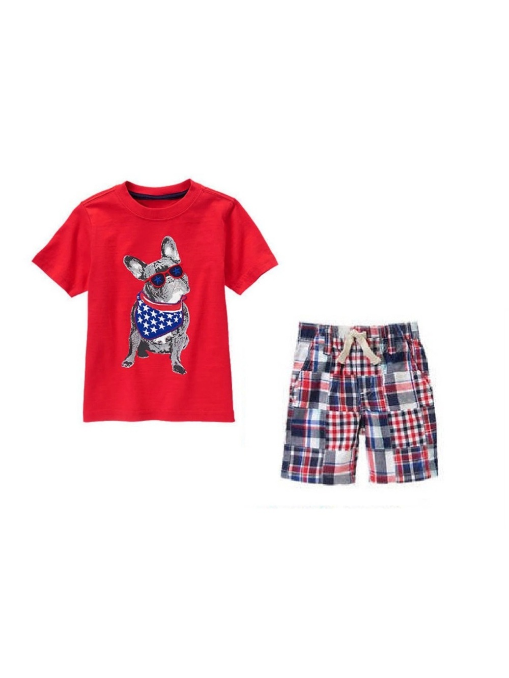 NWT Gymboree Red Tee with Patriotic Bulldog & Navy Red Patchwork Shorts Set